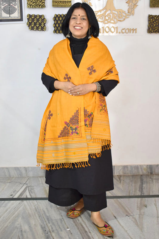 Handwoven Kutch Pure Merino Wool Stole with Mutva Hand Embroidery work