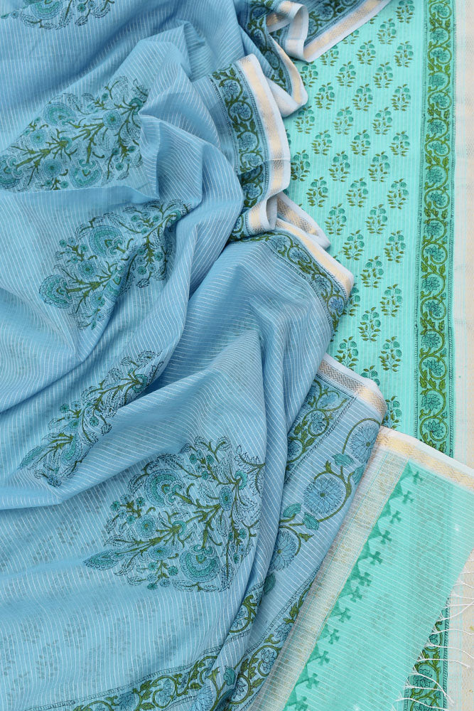 Elegant Handwoven Maheshwari si-co dupatta & kurta with Sanganer block print