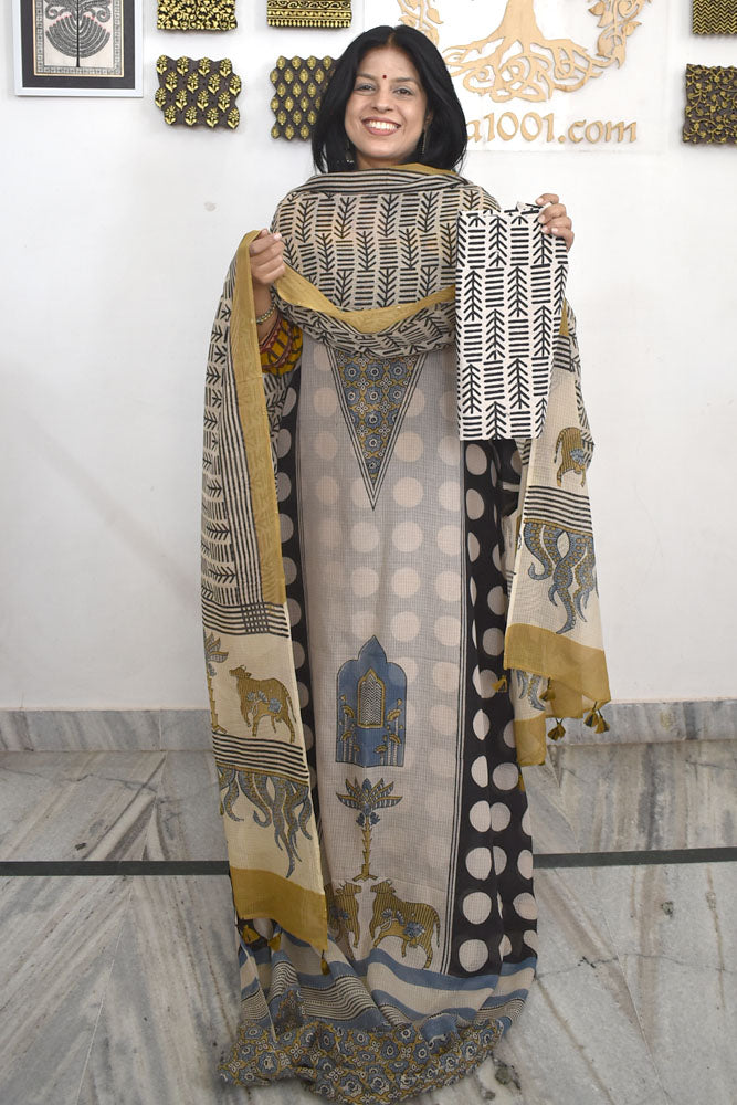 Designer Ajrakh Kota Unstitched suit with Kota Dupatta & Cotton Bottom - 3 piece set
