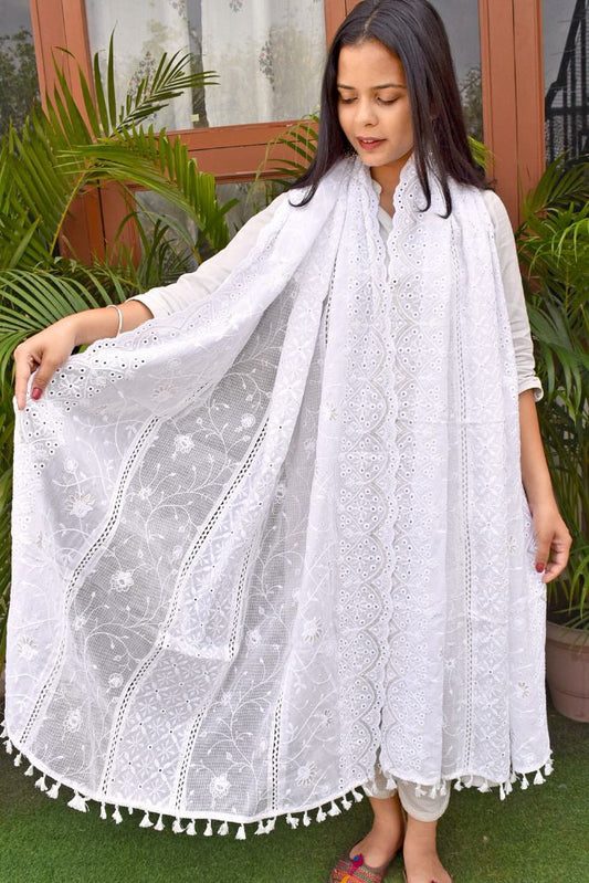 Gorgeous Embroidered Cotton and Kota Doria Dupatta with Sequin work - Milky white