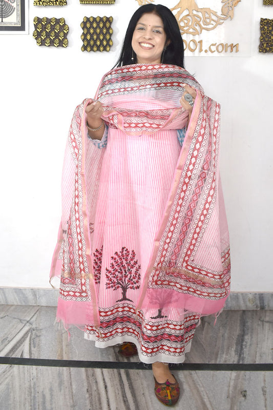 Designer Hand Block Print Cotton suit with Chanderi dupatta