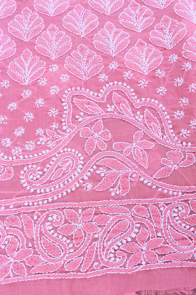 Premium Hand Embroidered Chikankari work Voile fabric - coral pink