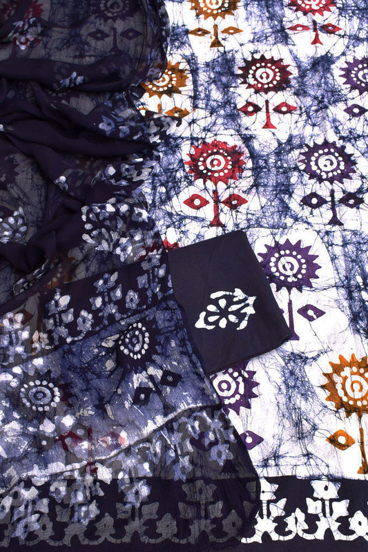 Wax Batik Work Cotton Unstitched Suit Fabric with chiffon dupatta