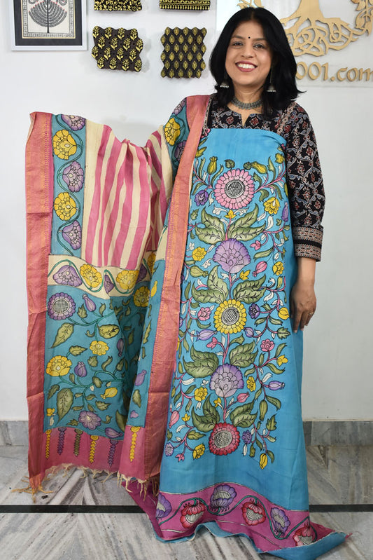 Beautiful Bangalore Cotton Silk Hand Painted Kalamkari Kurta & Dupatta Set