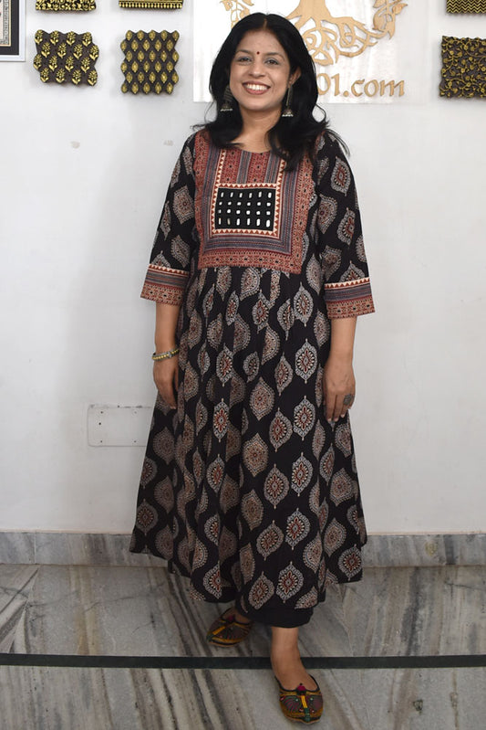 Designer Hand Block Printed Ajrakh cotton Kurta With Mirror Work - Size 38 to 46 ( all sizes)