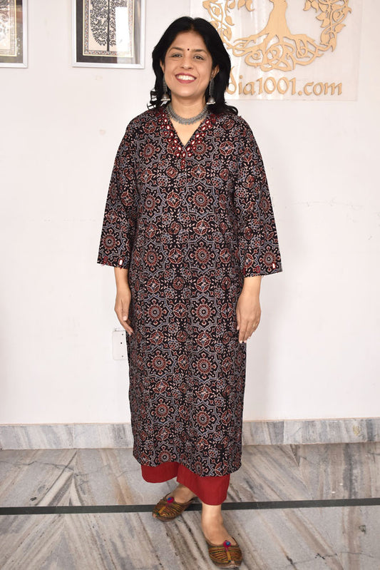 Beautiful Hand Block Printed Ajrakh Cotton kurta with Kutch Mirror work , Size 38 to 50 ( all sizes) (Copy)