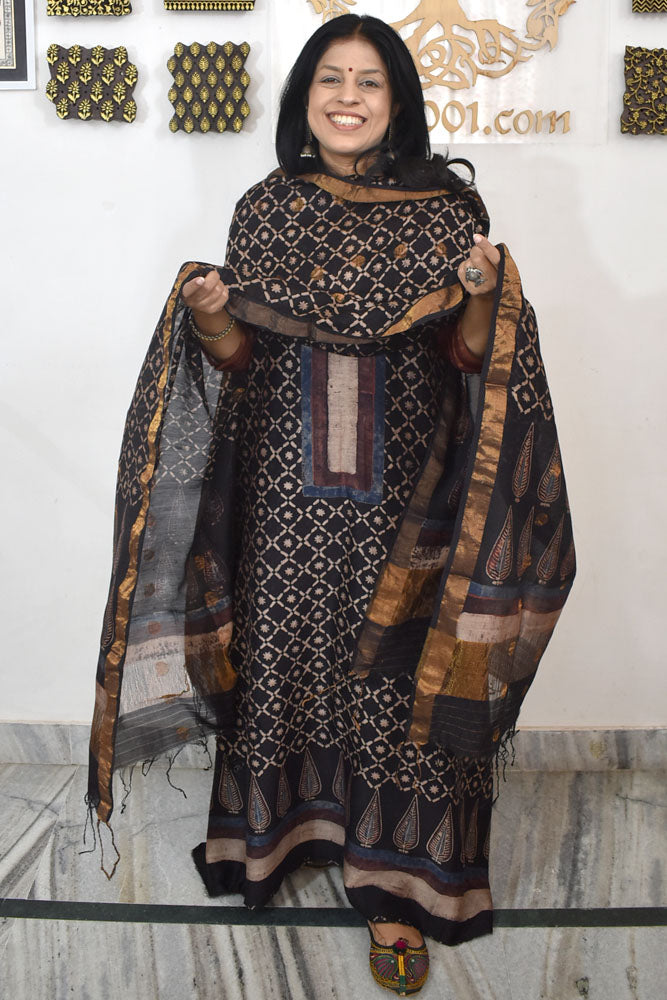 Beautiful Hand Block printed Ajrakh Chanderi Kurta and Chanderi Dupatta with Hand woven Booties