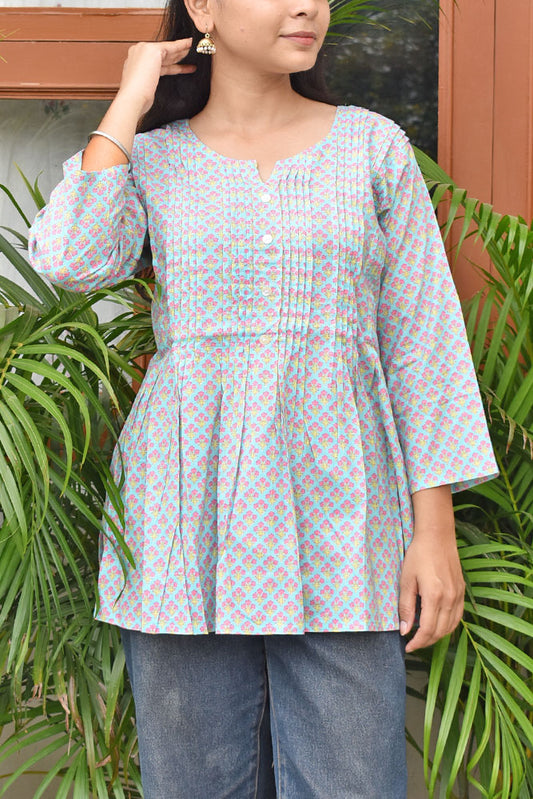 Elegant Soft Cotton Short top / Kurta with pleats Size - 36, 38, 40,