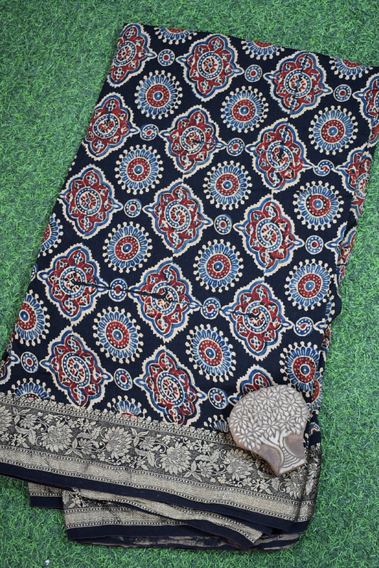 Beautiful Ajrakh Dola Silk Hand Block Print Fabric - 3 mtrs cut