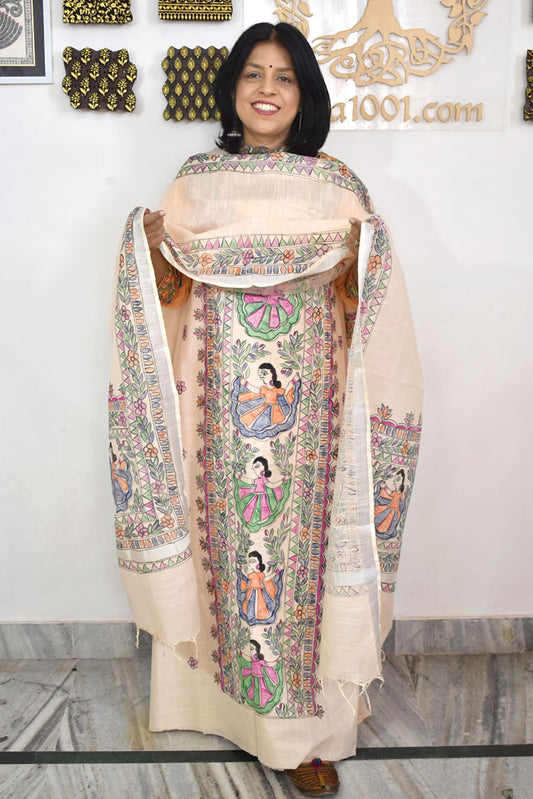 Slub Cotton suit with Hand Painted Madhubani Art patterns
