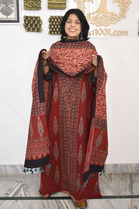 Block Print Ajrakh Cotton Suit with designer Ajrakh neck yoke /panel & Dupatta