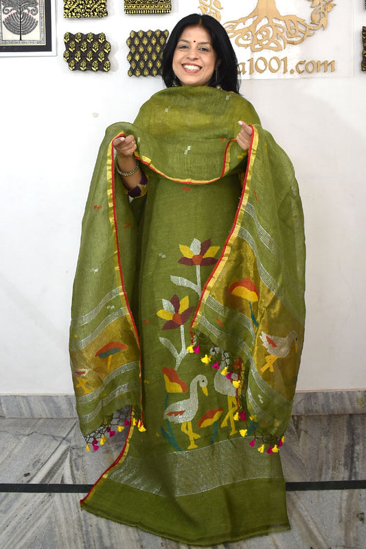 Kalakriti : Beautiful Hand Woven Soft Linen Jamdani Kurta Fabric & Dupatta set