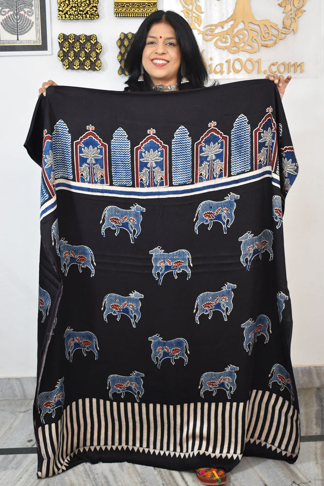 Designer Modal Silk Ajrakh Hand Block Print  Kurta Fabric - 2.5 mtrs cut