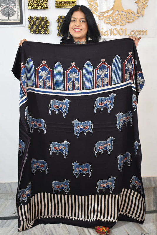 Designer Modal Silk Ajrakh Hand Block Print  Kurta Fabric - 2.5 mtrs cut