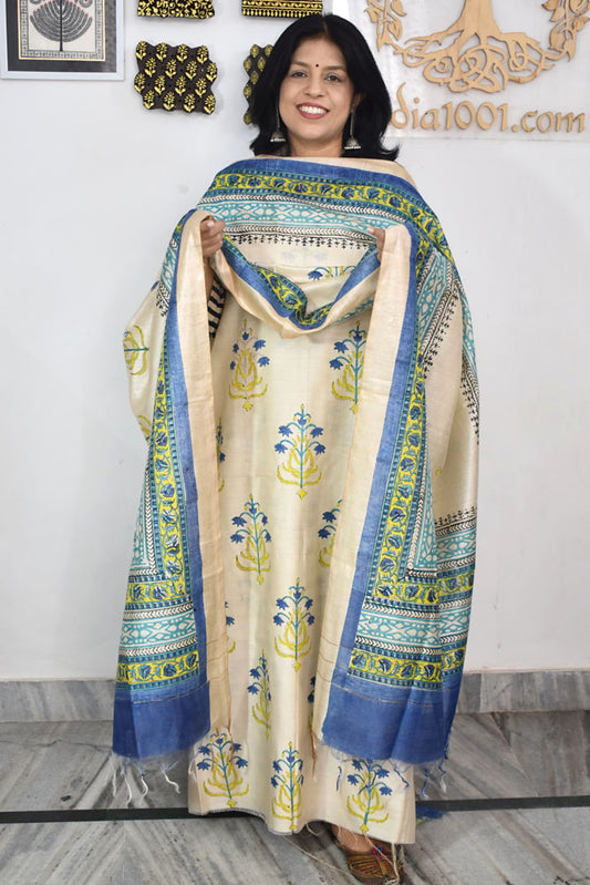 Elegant Hand Block printed Moonga Tussar Silk Kurta Dupatta Set