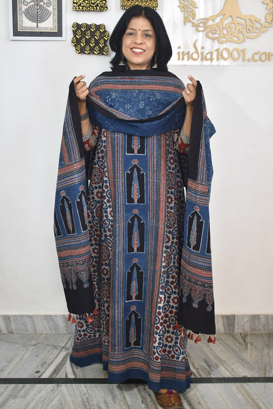 Block Print Ajrakh Cotton Suit with designer Ajrakh neck yoke /panel & Long Stole
