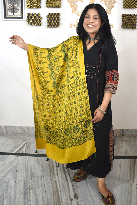 Beautiful Hand Block Printed Ajrakh Modal Silk stole with Tassels