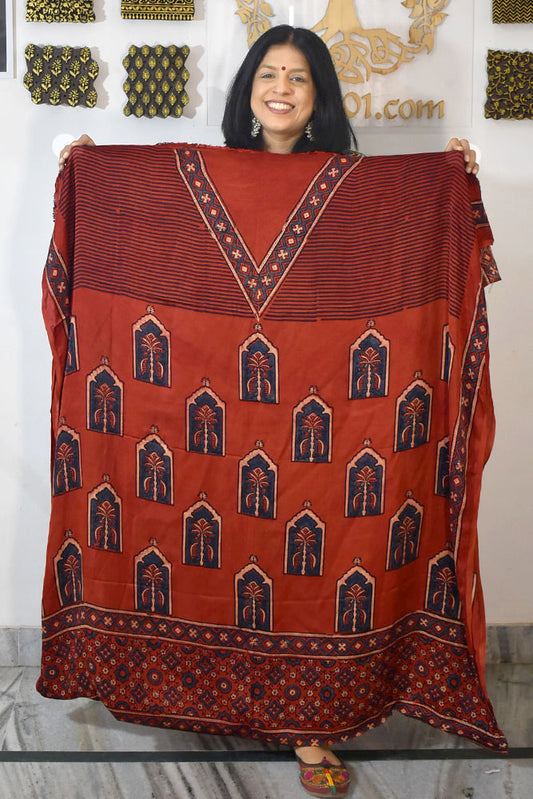 Designer Modal Silk Ajrakh Hand Block Print  Kurta Fabric - 2.5 mtrs cut