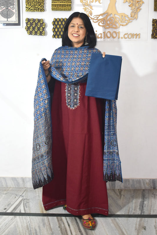Elegant Handwoven Cotton Unstitched Suit with Ajrakh patch ,Intricate Hand Embroidery & block print  dupatta