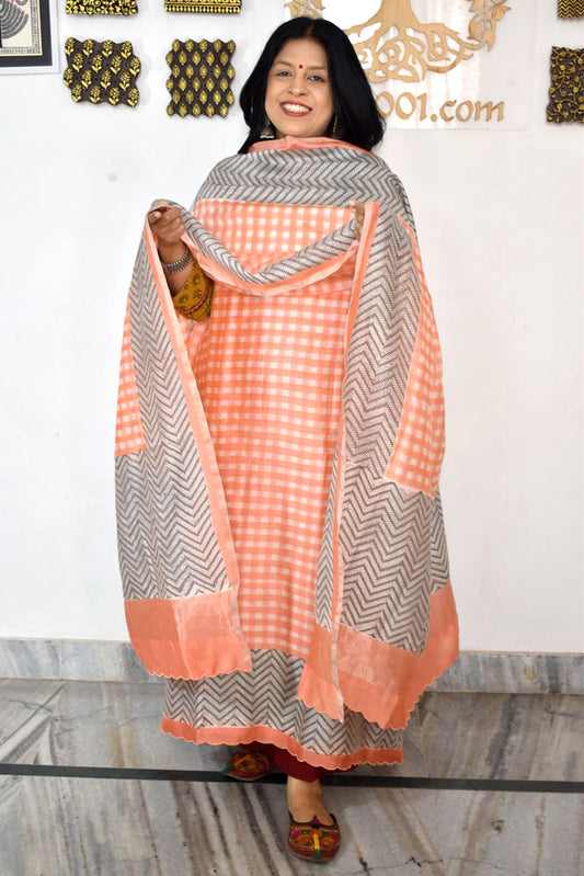 Beautiful Hand Block Printed Maheshwari Silk Cotton Unstitched suit fabric with madhubani art motifs