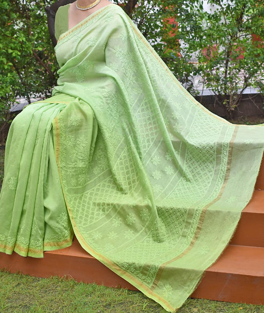 Elegant Ombre-Dyed Chanderi Silk Cotton Saree with Lucknowi Chikankari work