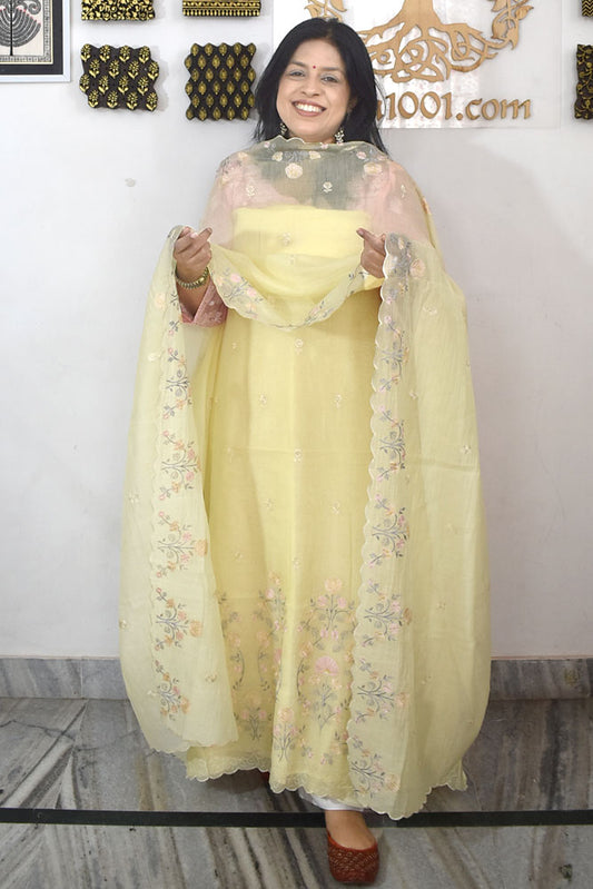 Gorgeous Mul Chanderi Kurta fabric & Dupatta set with embroidery & Cotton Bottom