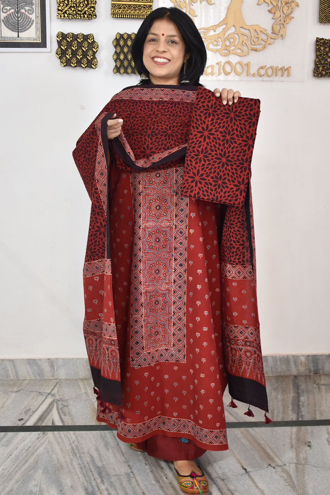 Block Print Ajrakh Cotton Suit with designer Ajrakh neck yoke /panel & Stole
