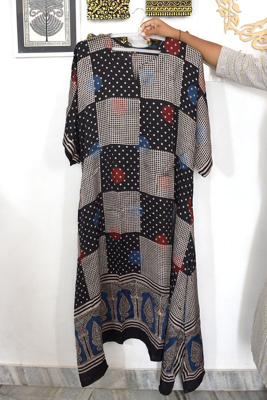 Beautiful Hand Block Printed Ajrakh Modal Silk Kaftan Kurta, Size 40 to 44