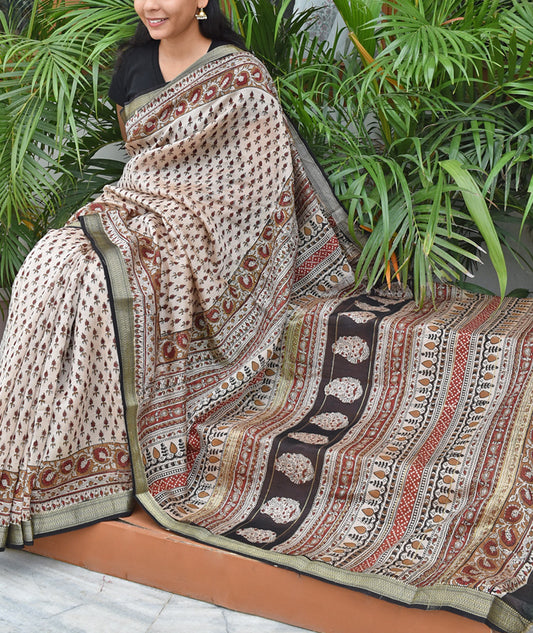 Elegant & Classic Hand Block Printed Bagru Maheshwari Silk Cotton Saree