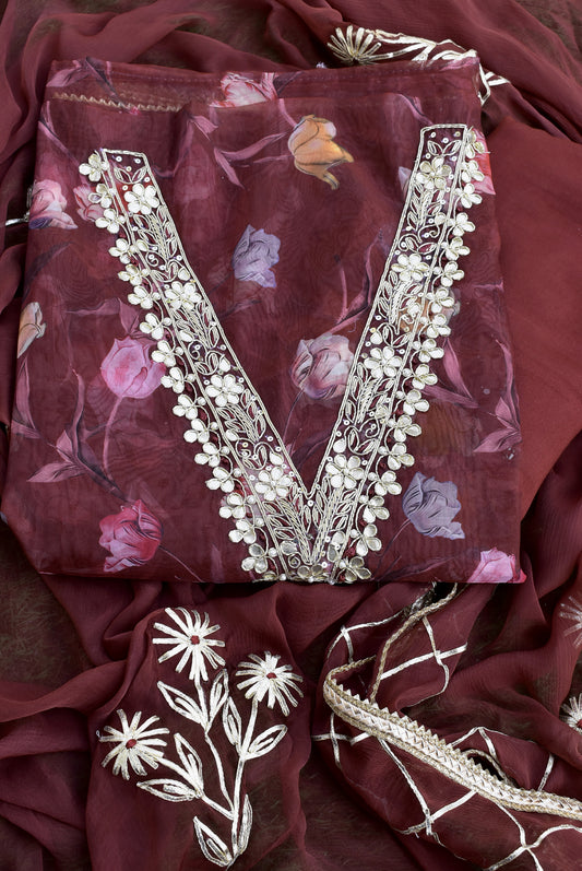 Beautiful Organza unstitched suit fabric with Gota Patti Work, Hand embroidery & Chiffon dupatta with Gota Work
