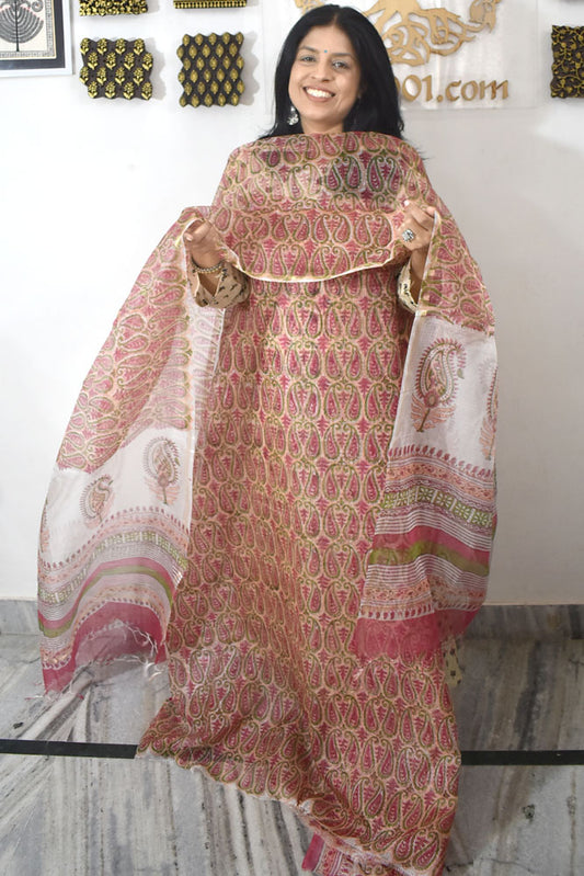 Elegant Hand Block Printed Kota Silk Unstitched Suit