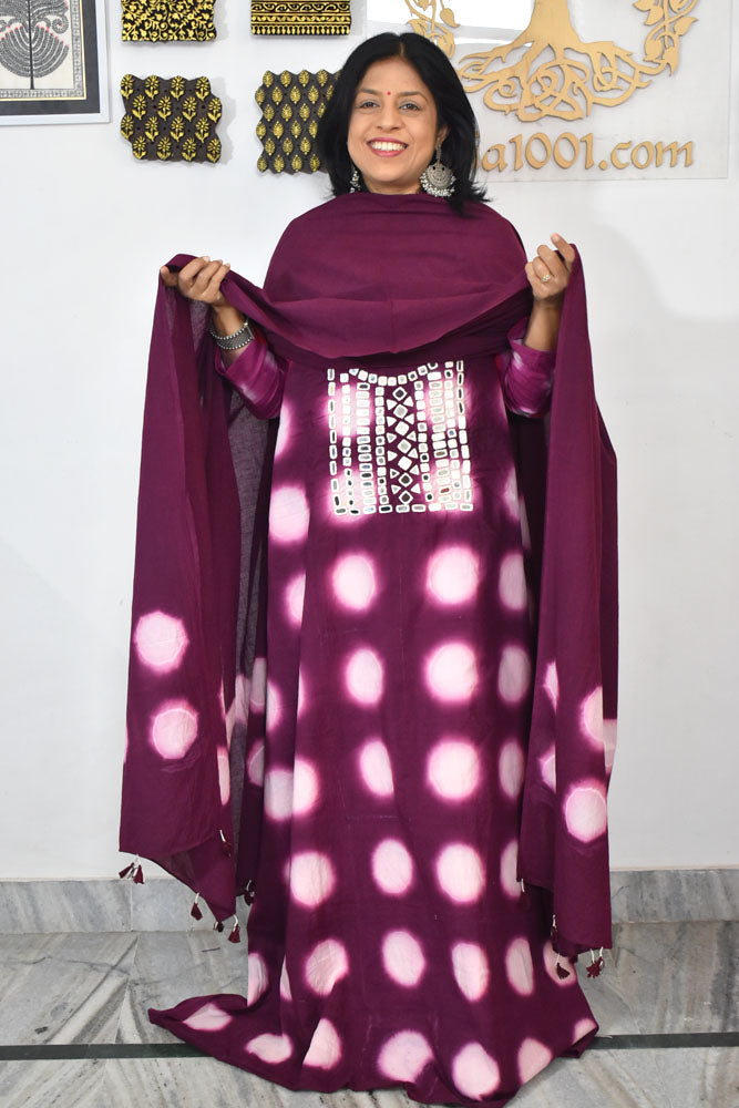 Tie & Dye Clamp Dyed cotton Unstitched Suit with Kutch Mirror work