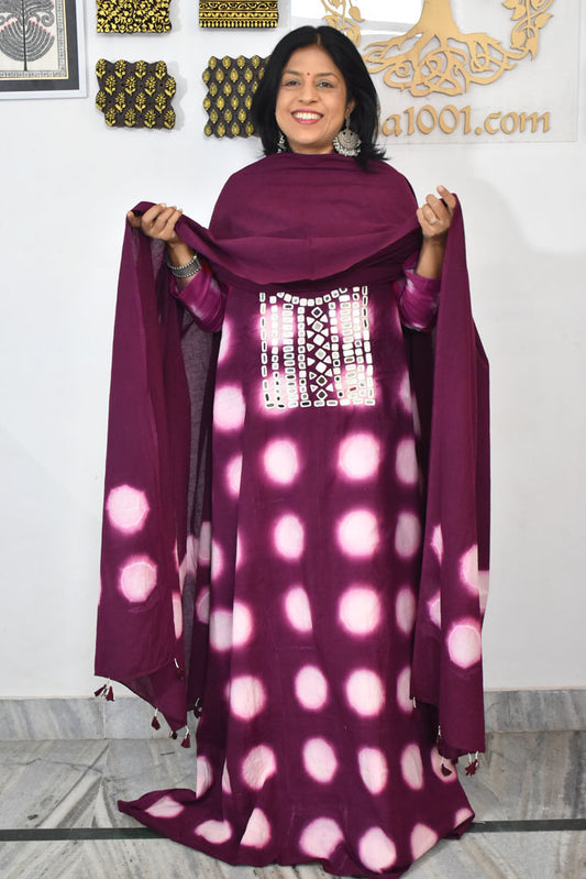 Tie & Dye Clamp Dyed cotton Unstitched Suit with Kutch Mirror work