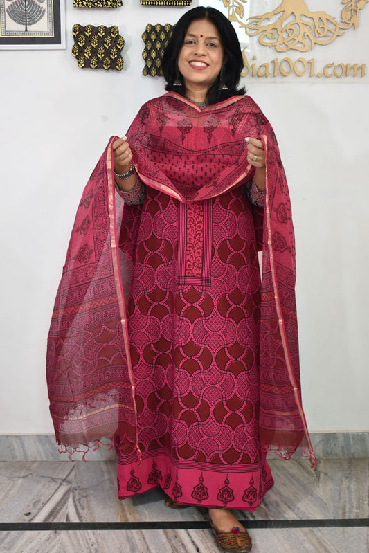 Classic Bagh Block Printed unstitched suit fabric with Kota Doria dupatta