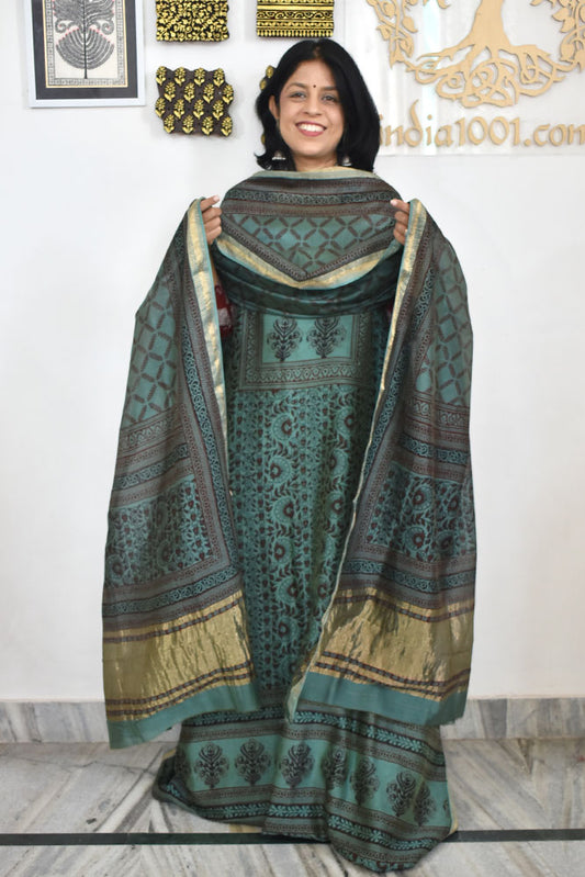 Bagh Hand Block Printed unstitched 3 pcs Handwoven Maheshwari suit fabric with Zari borders & Lagdi ( zari palla )