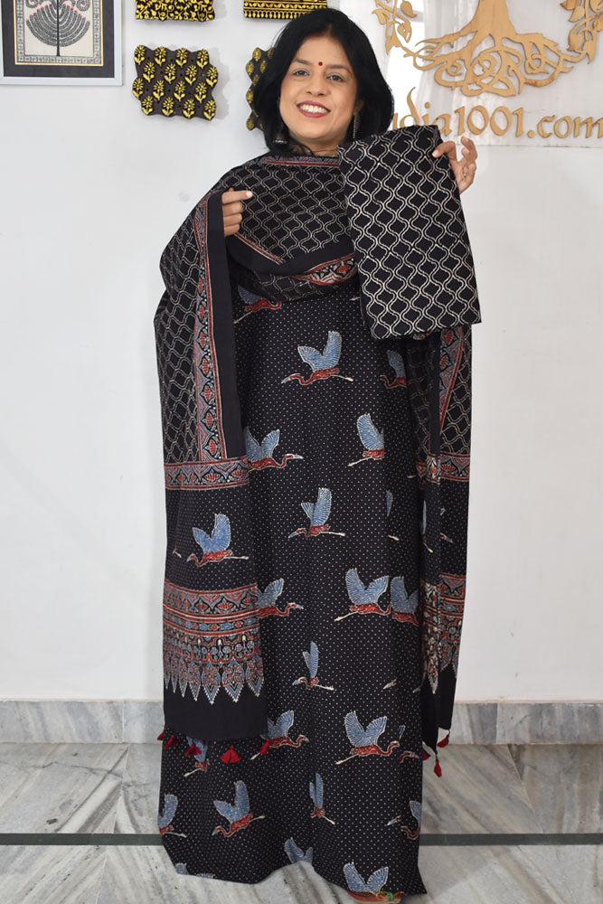 Block Print Ajrakh Cotton Suit with designer Ajrakh neck yoke /panel & Long Stole