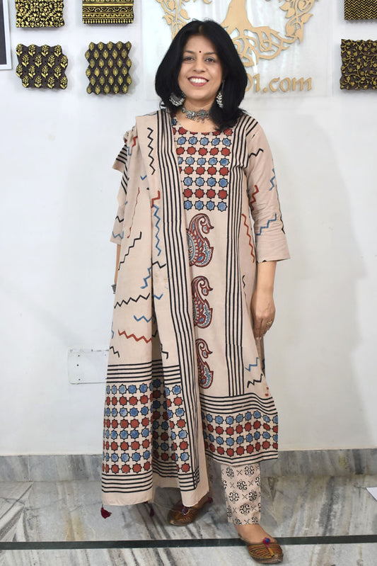 Designer Hand Block print Ajrakh Cotton suit with Full width Cotton Dupatta  - Size 38 to 46