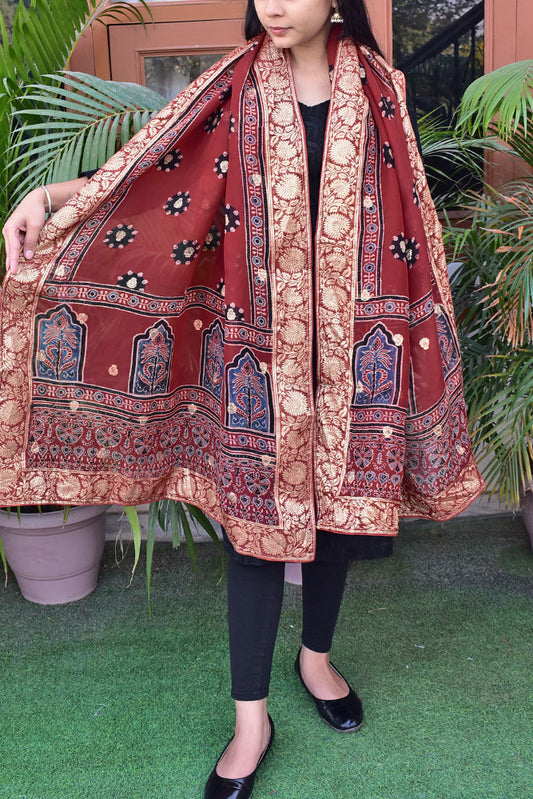 Elegant Ajrakh Hand Block Print Organza Dupatta/ Stole with Woven bootis and borders