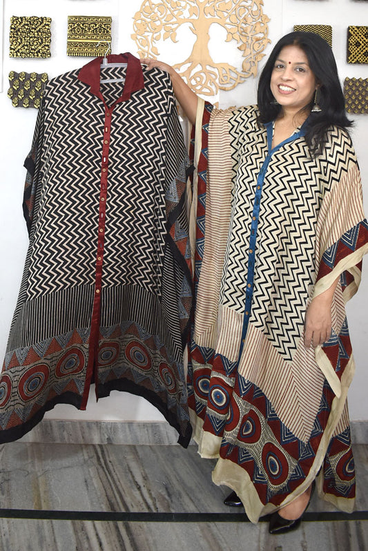 Beautiful Hand Block Printed Ajrakh Modal Silk Kaftan, Size 38 to 50