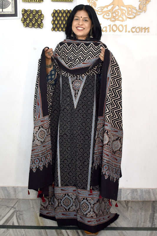 Designer Ajrakh Cotton Unstitched suit with  panel design, Ajrakh Dupatta & Bottom- 3 piece set