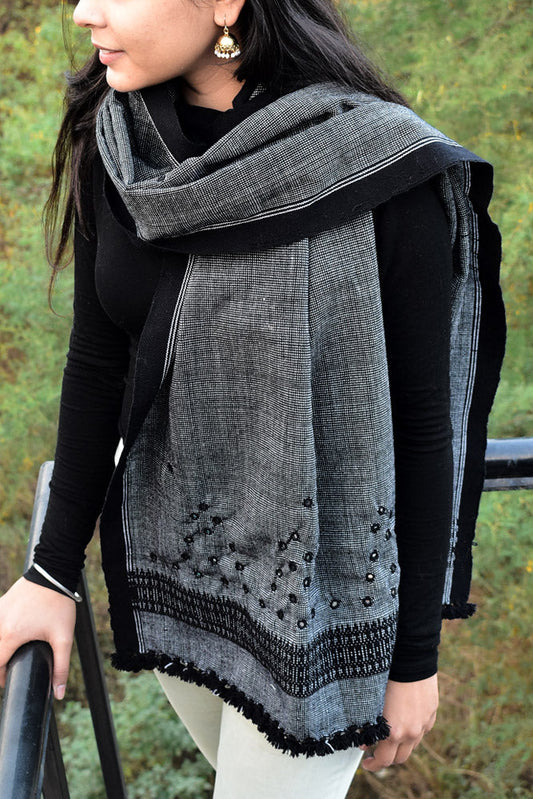 Beautiful Black & White Handwoven Bhujodi Mirror Work Woolen stole