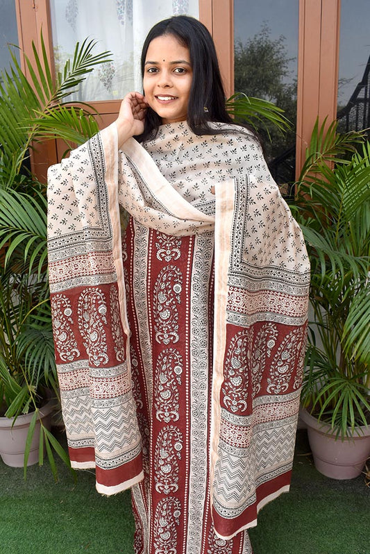 Bagh Hand Block Printed unstitched 3 pcs Handwoven Maheshwari suit fabric with Placement block print & Zari borders from MP