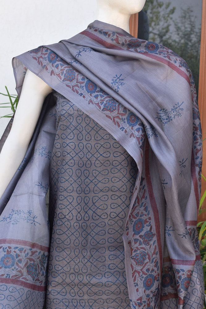 Hand Block Printed Pure Desi Tussar Silk Kurta fabric & Dupatta with art silk bottom Set