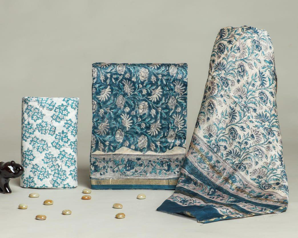 Blue - 3pc Akola Block Printed Chanderi Silk Unstitched Suit Material Set