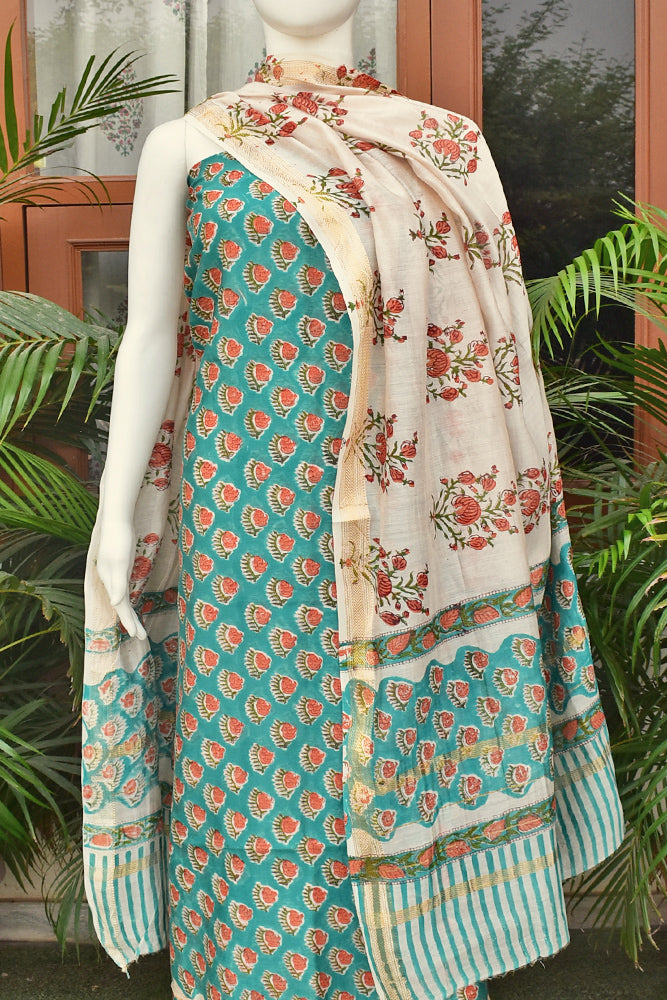 Elegant Sanganer Hand Block Printed Maheshwari Unstitched suit fabric