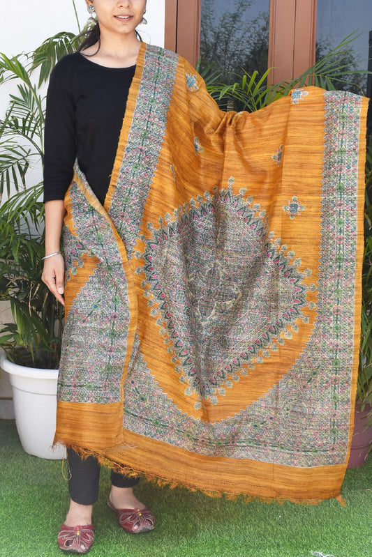 Geecha Silk Dupatta with printed Madhubani patterns