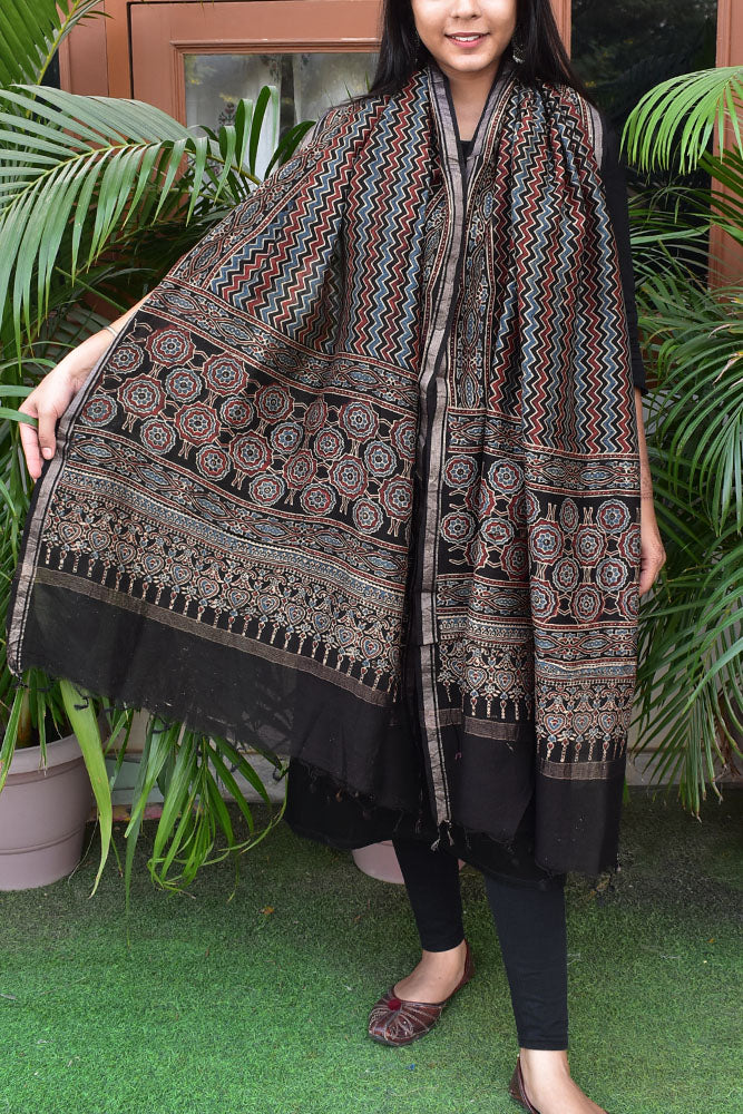 Elegant Ajrakh Hand Block Print Chanderi Dupatta