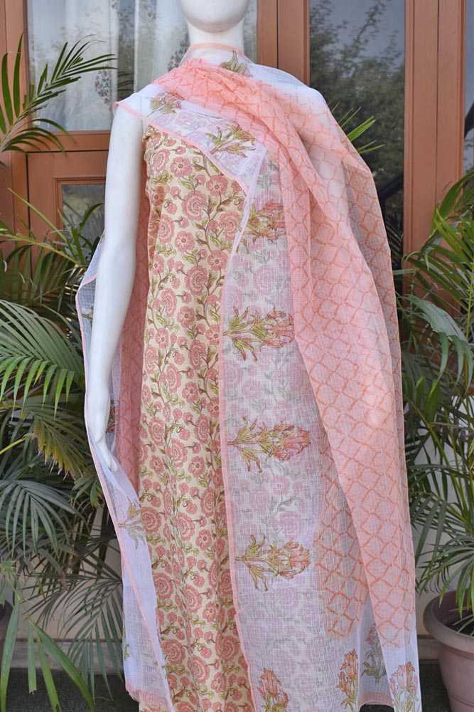 Designer Hand Block Print Soft Cotton suit with kota dupatta