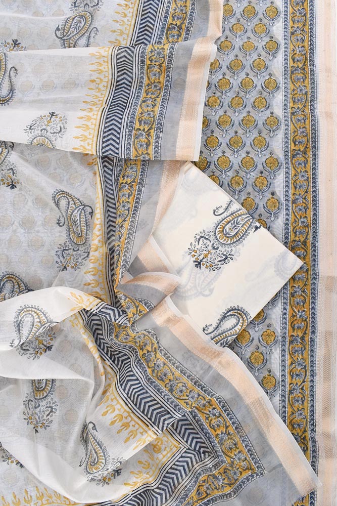Beautiful Hand Block Printed Maheshwari Silk Cotton Unstitched suit fabric - 3 pc set
