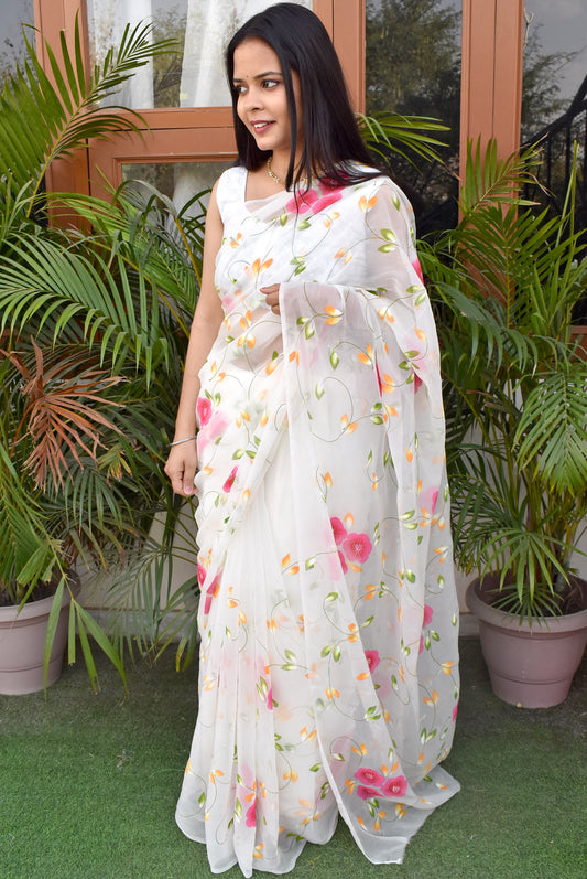 Prakriti : Beautiful Chiffon Saree with Hand Painted Floral Motifs